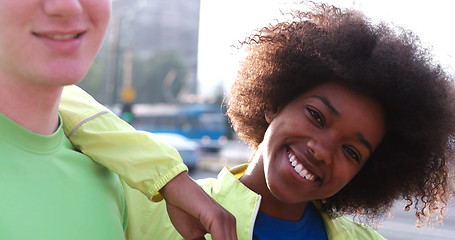 Image showing Portrait of multiethnic group of young people on the jogging