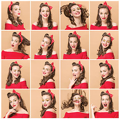 Image showing Beautiful young woman with pinup make-up and hairstyle. Studio shot on white background