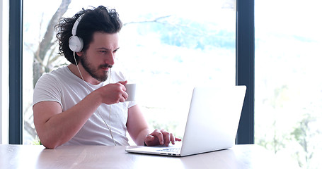 Image showing man drinking coffee enjoying relaxing lifestyle