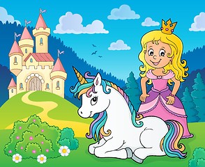 Image showing Princess and unicorn near castle theme 1