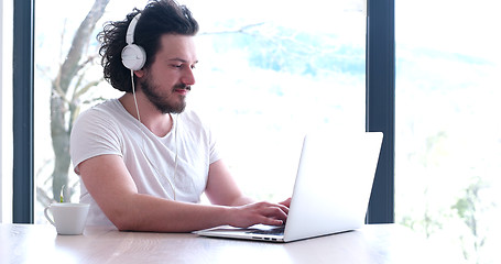 Image showing man drinking coffee enjoying relaxing lifestyle