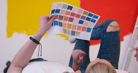 Image showing Happy young couple relaxing after painting