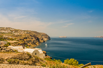 Image showing Beautiful landscape with sea view of the Nea Kameni, a small Greek island in the Aegean Sea near Santorini