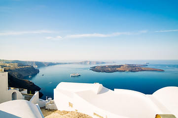 Image showing The beautiful white village Fira and vie to the Nea Kameni,