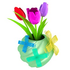 Image showing Fresh spring tulips in a vase vith ribbon. 3d illustration