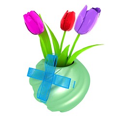 Image showing Fresh spring tulips in a vase vith ribbon. 3d illustration