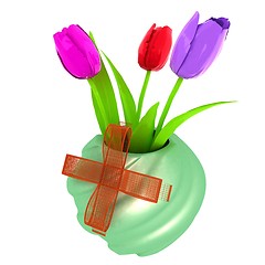 Image showing Fresh spring tulips in a vase vith ribbon. 3d illustration