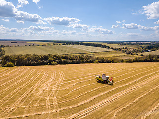 Image showing Countryside landscape aerial view from drone to agricultural field with combine on a blue sky background.