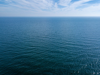 Image showing Panoramic view from drone endless blue seascape on a background of cloudy sky. Natural background. Copy space.