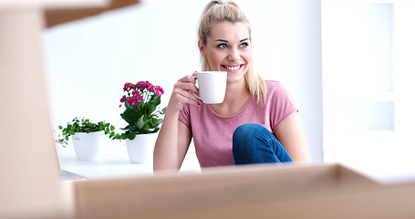 Image showing woman with many cardboard boxes sitting on floor