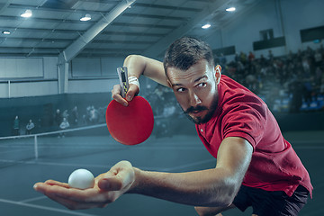 Image showing The table tennis player serving