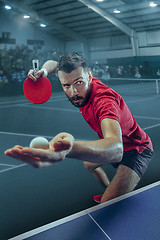 Image showing The table tennis player serving