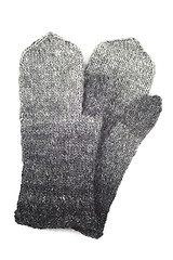 Image showing wool gray knitted mittens on a white