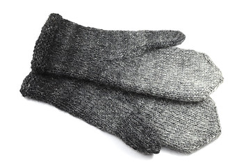 Image showing wool gray knitted mittens on a white