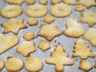 Image showing traditional sweet Christmas cookies on a baking sheet