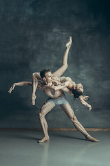 Image showing The young modern ballet dancers posing on gray studio background