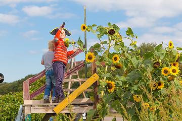 Image showing Kids playing pirates in urban gardens at Tempelhofer field, once airport, now a public park in Berlin, Germany