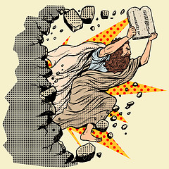 Image showing Moses with tablets of the Covenant 10 commandments breaks a wall, destroys stereotypes