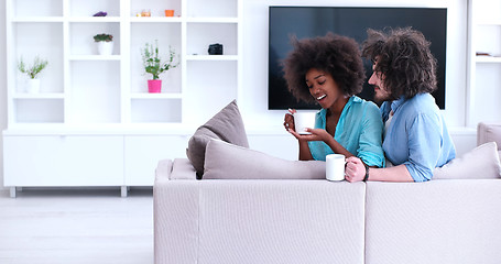 Image showing multiethnic couple sitting on sofa at home drinking coffe