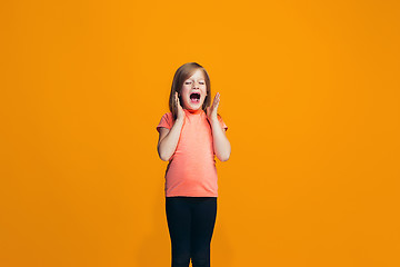 Image showing Isolated on pink young casual teen girl shouting at studio