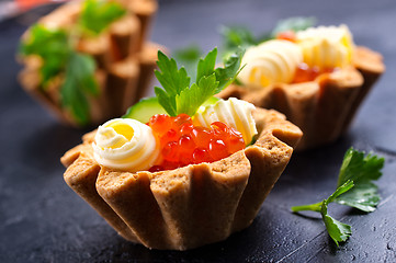 Image showing tartalets, butter and salmon caviar