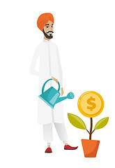 Image showing Hindu businessman watering money flower.