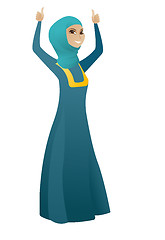 Image showing Business woman standing with raised arms up.