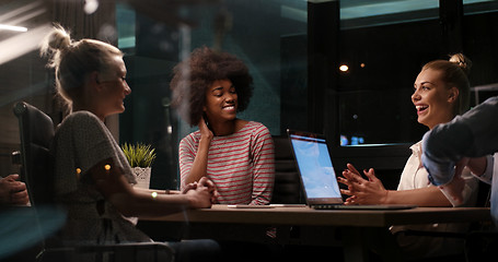 Image showing Multiethnic startup business team in night office