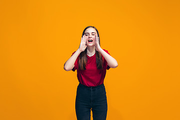 Image showing Isolated on pink young casual teen girl shouting at studio