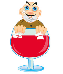 Image showing Cartoon men alcoholic peering out goblet blame