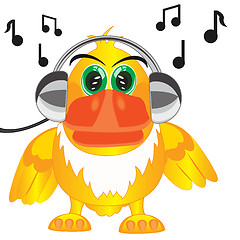 Image showing Cartoon of the bird in earphone listens music