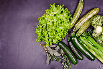 Image showing Variety of green organic vegetables. Clean eating food concept.