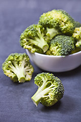 Image showing Fresh green organic broccoli in white bowl 