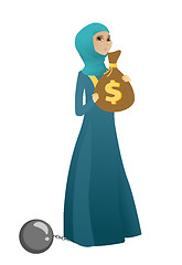 Image showing Chained business woman with bag full of taxes.