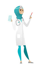 Image showing Doctor holding thermometer and plate of pills.