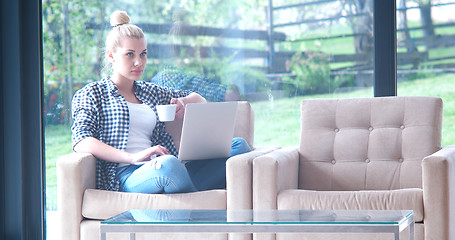 Image showing woman drinking coffee enjoying relaxing lifestyle