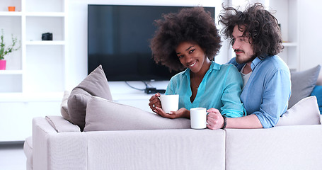 Image showing multiethnic couple sitting on sofa at home drinking coffe