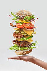 Image showing Deliciouse homemade burger on a woman hand with flying fresh ingredients on a white background. Copy space.