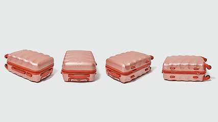 Image showing Four modern brown suitcases on a gray background with copy space for text. The concept of travel and tourism