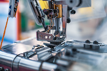 Image showing Professional sewing machine close-up. Modern textile industry.