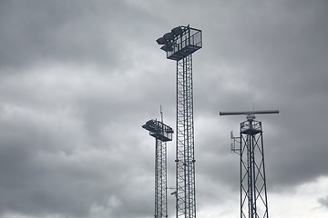 Image showing Radar tower against stormy sky