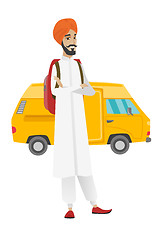 Image showing Traveler standing on the background of minibus.