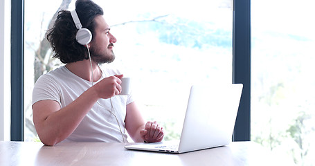 Image showing man drinking coffee enjoying relaxing lifestyle