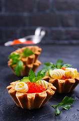 Image showing tartalets, butter and salmon caviar
