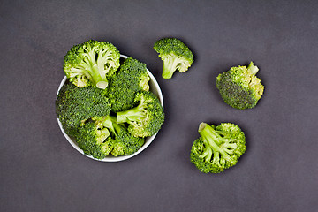 Image showing Fresh green organic broccoli in white bowl.