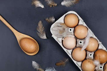 Image showing Organic eggs, wooden spoon and feathers.