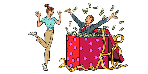 Image showing woman happy surprise. man with money gift. isolate on white background
