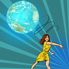 Image showing woman throws out planet earth