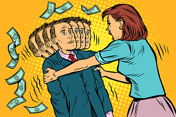 Image showing money demand. The wife shakes her husband. Women and men unequal relations, exploitation