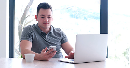 Image showing businessman working using a laptop in startup office